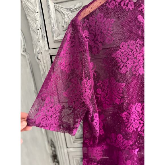 Ethereal Purple Lace Top Sz 22/24 Romantic Sheer Floral Mock Neck Fairy Blouse - Picture 5 of 9